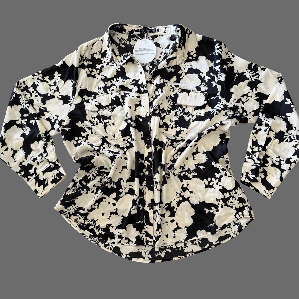 Boohoo Satin Floral Utility Shirt US SZ 16 White Black Long Sleeve NWT Pockets